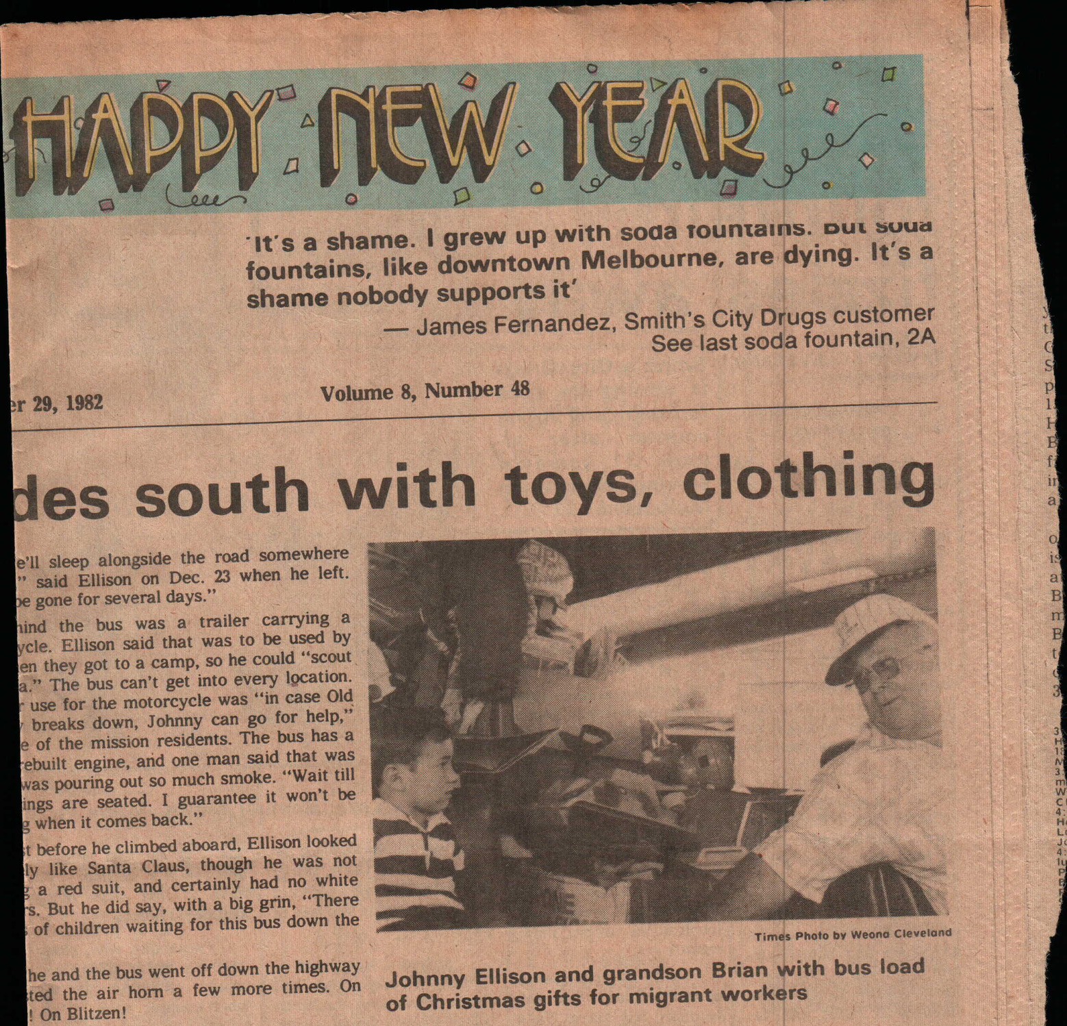 Newspaper clipping featuring Johnny Ellison and CITA’s outreach bus delivering Christmas gifts in Melbourne Florida