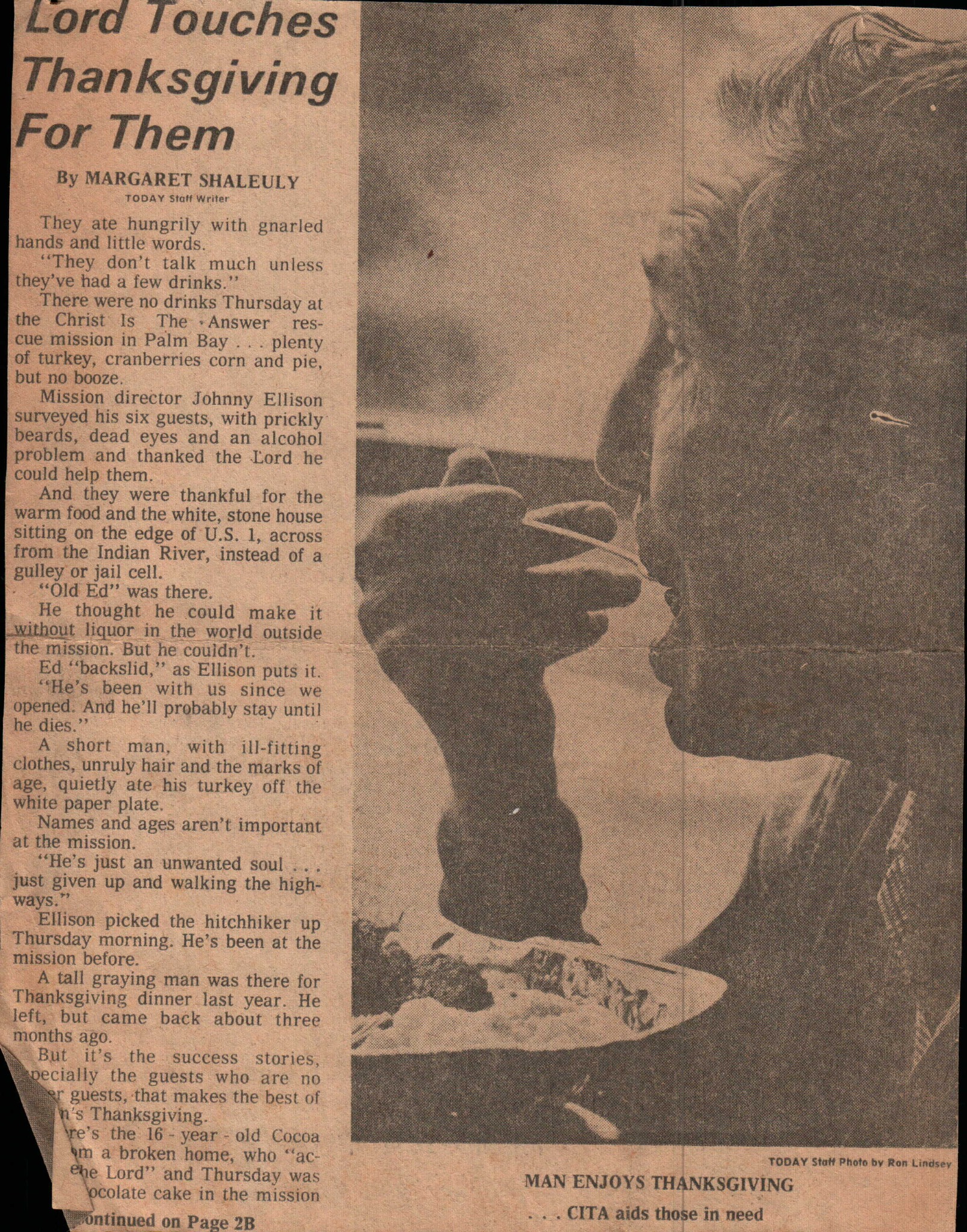 Vintage newspaper clipping about CITA Rescue Mission Thanksgiving outreach on the Space Coast in Florida