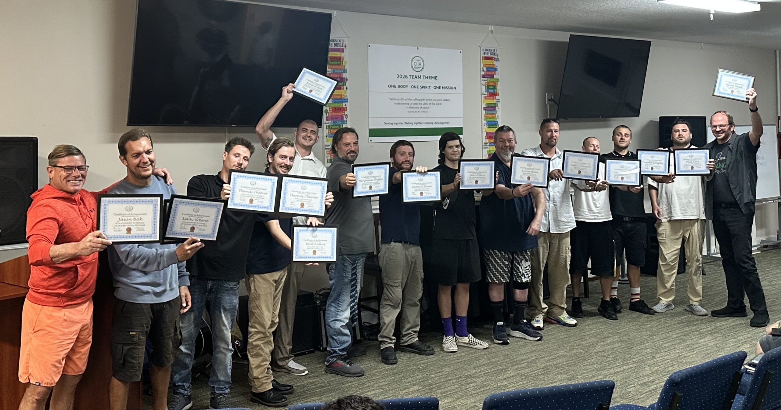 Christ Is The Answer Rescue Mission residents celebrating phase-up and graduation milestones
